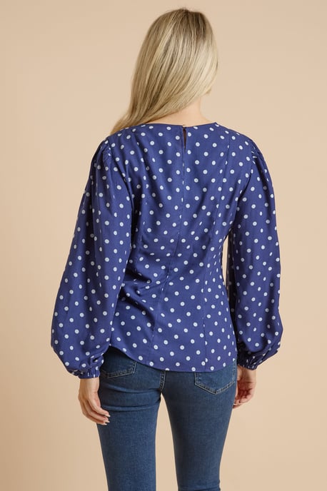 Spot V Neck Blouson Sleeve Top - Image 3