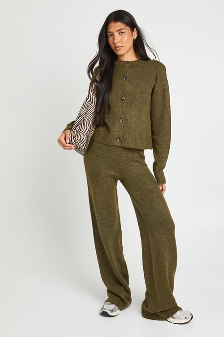 Tall Crew Neck Soft Knit Knitted Cardigan and Wide Leg Trouser Co-Ord - Image 1