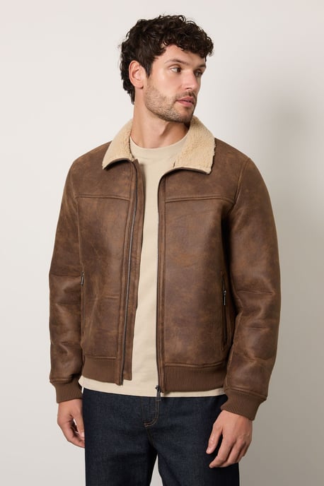 Brown Faux Suede Borg Lined Aviator Jacket - Image 1