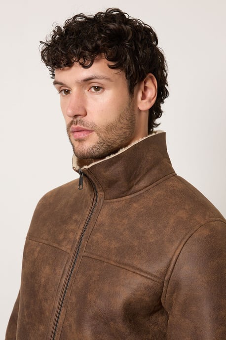 Brown Faux Suede Borg Lined Aviator Jacket - Image 2