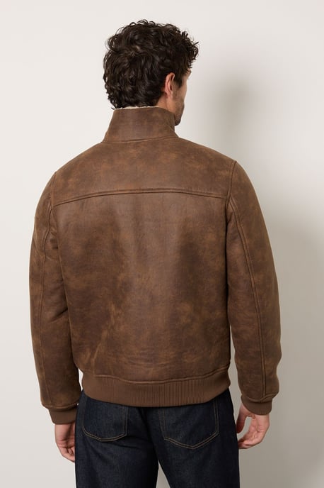 Brown Faux Suede Borg Lined Aviator Jacket - Image 3