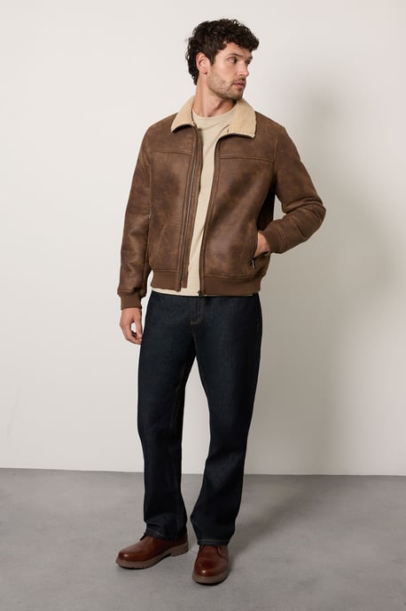 Brown Faux Suede Borg Lined Aviator Jacket - Image 4