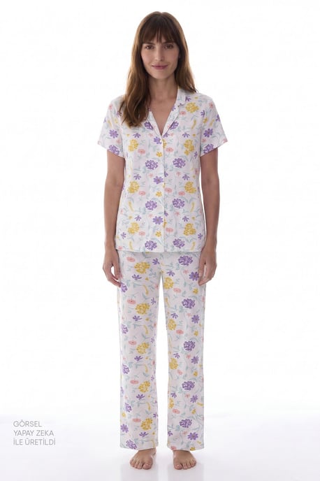 Off-White Bloesem Bloemig Korte Mouw Shirt Broek Pyjama Set - Image 1