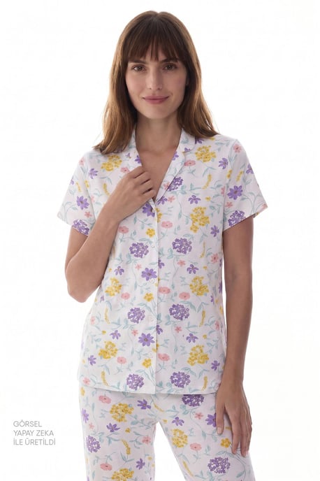 Off-White Bloesem Bloemig Korte Mouw Shirt Broek Pyjama Set - Image 2