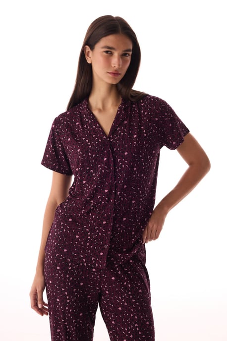 Luipaard Geribbelde Korte Mouwen Shirt Broek Pyjama Set - Image 2