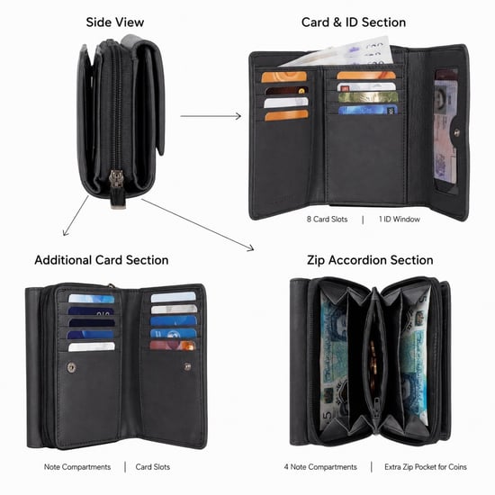 Women’s Genuine Leather RFID Zip Around Purse Wallet in Black - Image 4