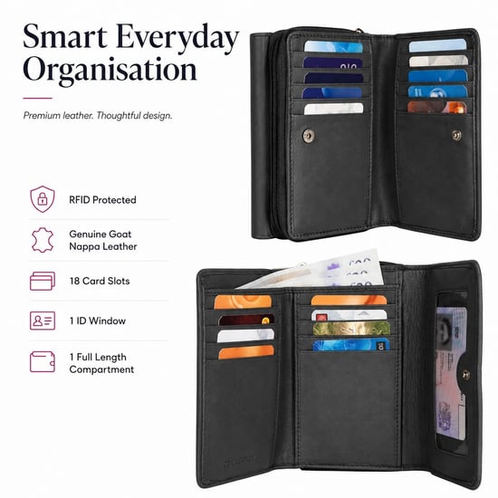Women’s Genuine Leather RFID Zip Around Purse Wallet in Black - Image 5