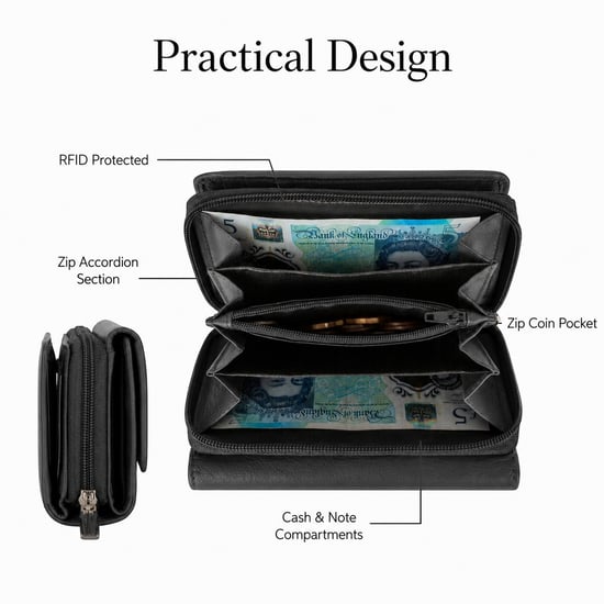 Women’s Genuine Leather RFID Zip Around Purse Wallet in Black - Image 6