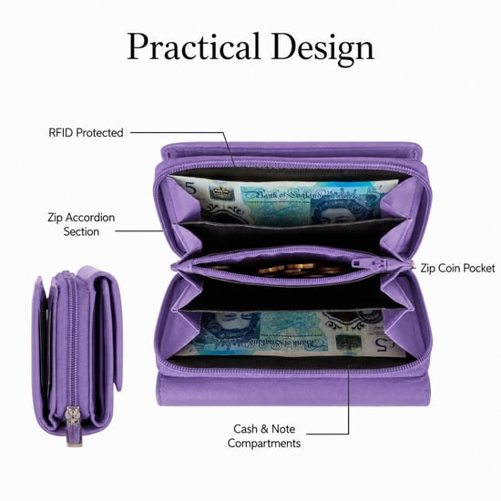 Women’s Genuine Leather RFID Zip Around Purse Wallet in Purple - Image 6