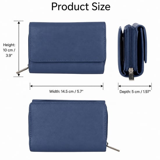Women’s Genuine Leather RFID Zip Around Purse Wallet in Navy - Image 3