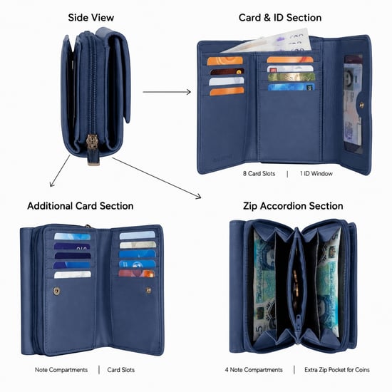 Women’s Genuine Leather RFID Zip Around Purse Wallet in Navy - Image 4