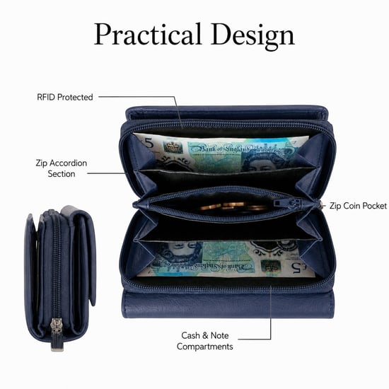Women’s Genuine Leather RFID Zip Around Purse Wallet in Navy - Image 6