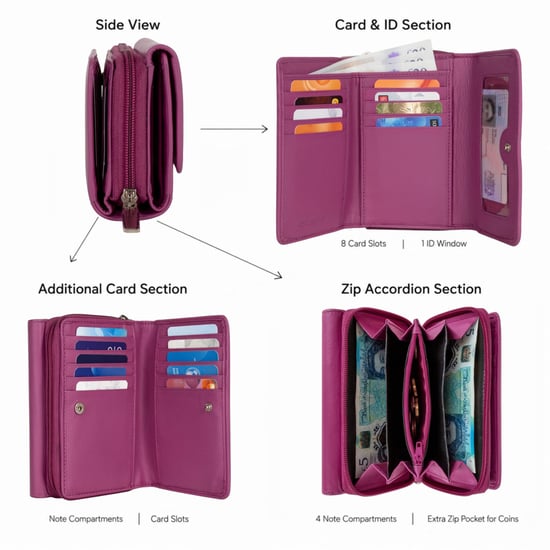 Women’s Genuine Leather RFID Zip Around Purse Wallet in Fuchsia - Image 4