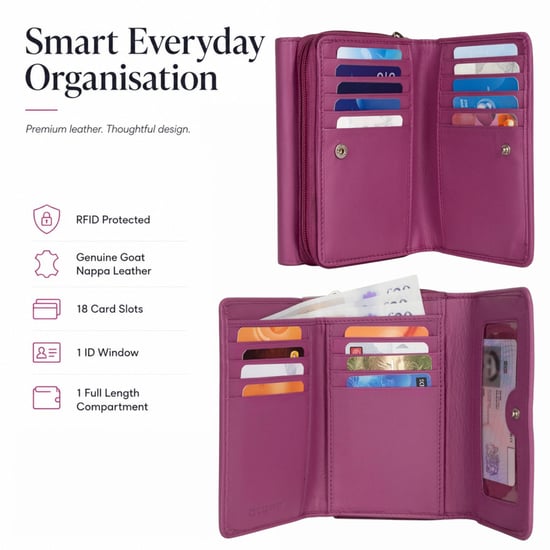 Women’s Genuine Leather RFID Zip Around Purse Wallet in Fuchsia - Image 5