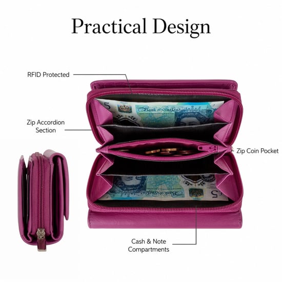 Women’s Genuine Leather RFID Zip Around Purse Wallet in Fuchsia - Image 6