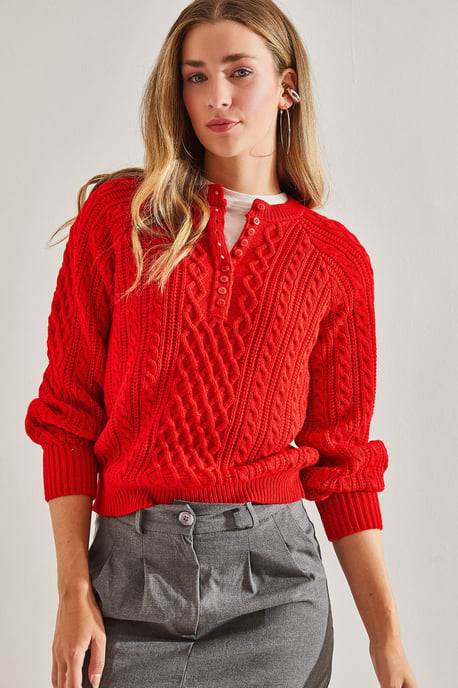 Textured Knitwear Sweater with Button Collar - Image 1