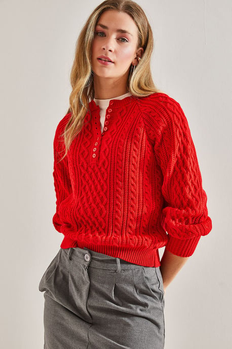 Textured Knitwear Sweater with Button Collar - Image 2
