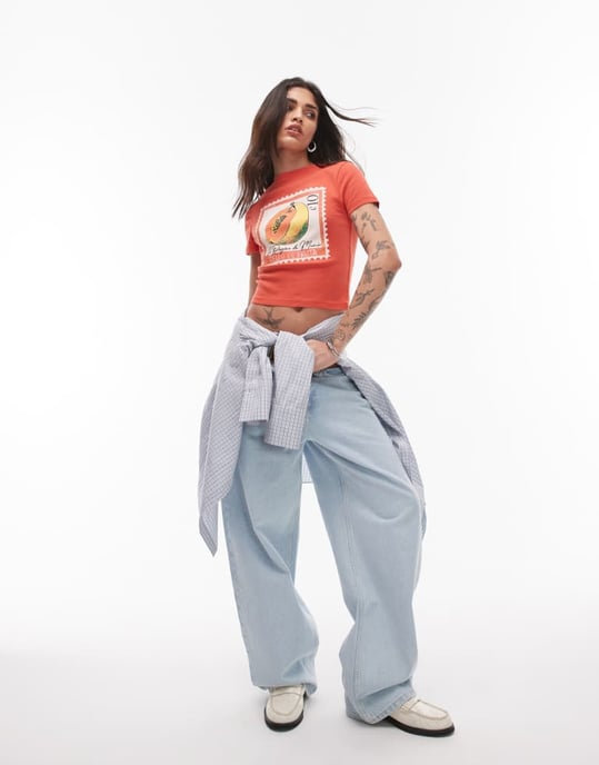 Topshop grafisk papaya baby t-shirt i tvättad röd - Image 2