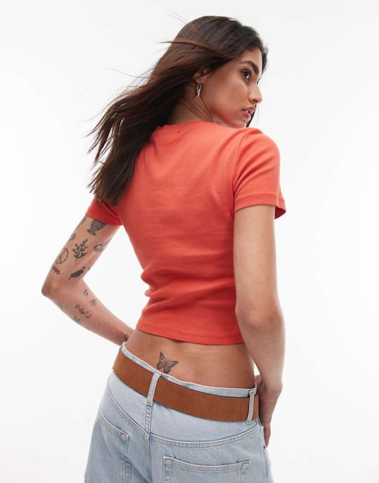 Topshop grafisk papaya baby t-shirt i tvättad röd - Image 4