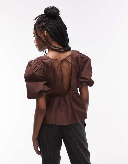 Topshop poplin puffärmad topp i choklad - Image 2
