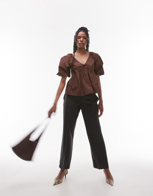 Topshop poplin puffärmad topp i choklad - Image 3