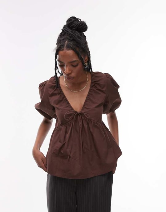 Topshop poplin puffärmad topp i choklad - Image 4