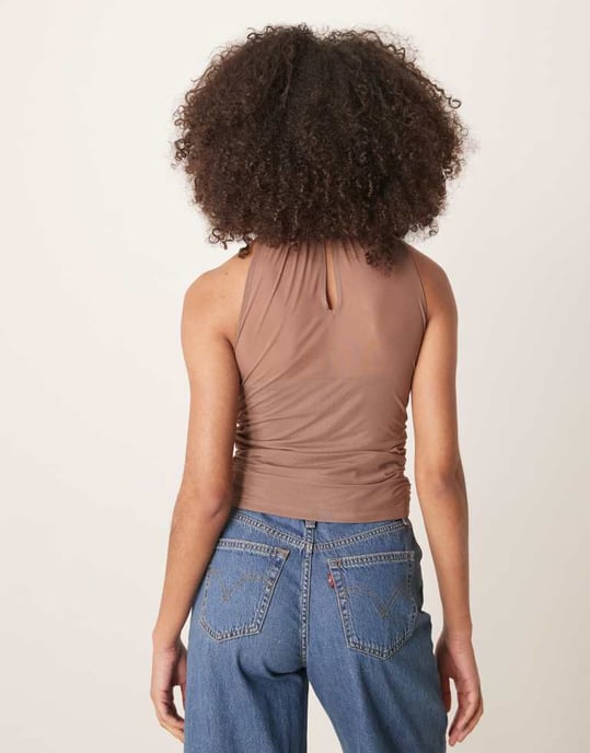 Abercrombie & Fitch mesh ruched halter neck top in taupe - Image 1