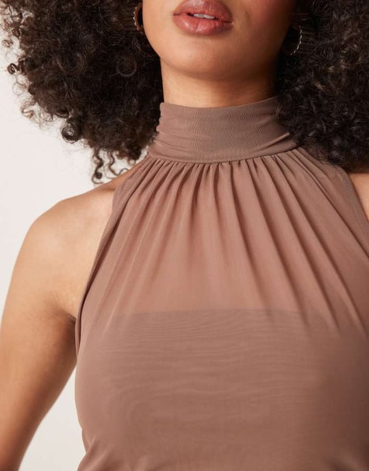 Abercrombie & Fitch mesh ruched halter neck top in taupe - Image 2