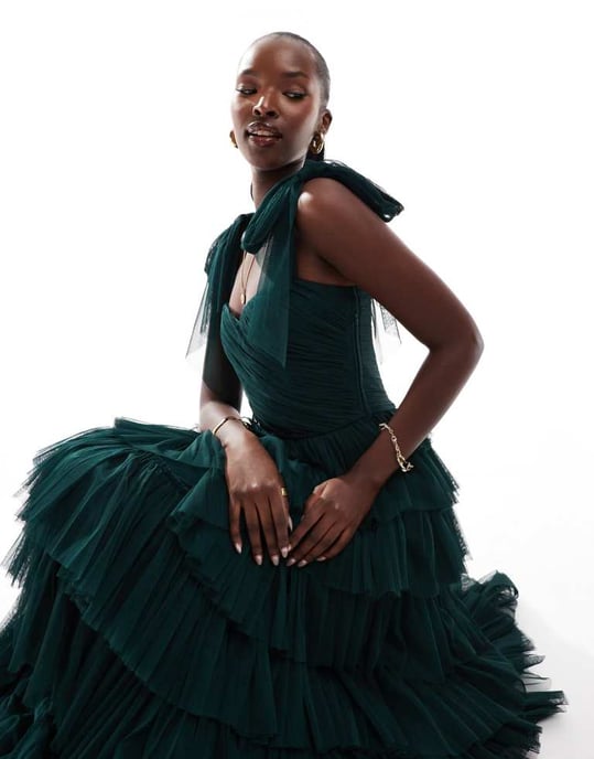 Lace & Beads bow shoulder tiered tulle maxi dress in emerald - Image 1