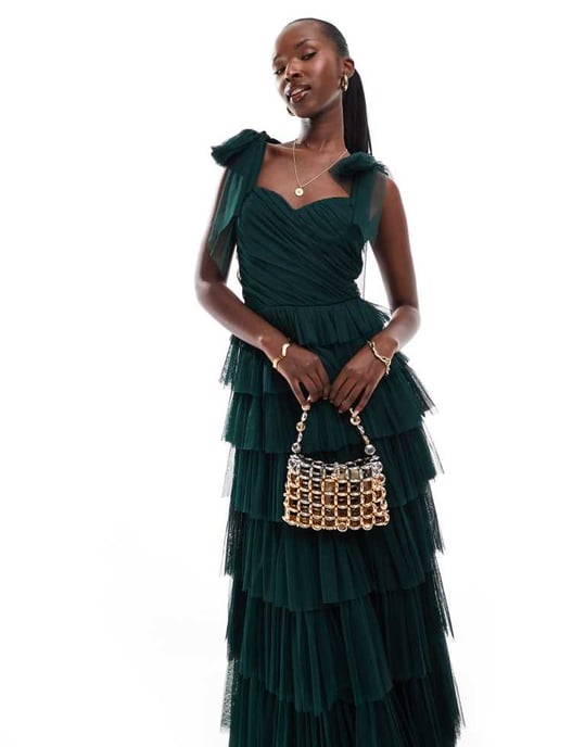 Lace & Beads bow shoulder tiered tulle maxi dress in emerald - Image 2