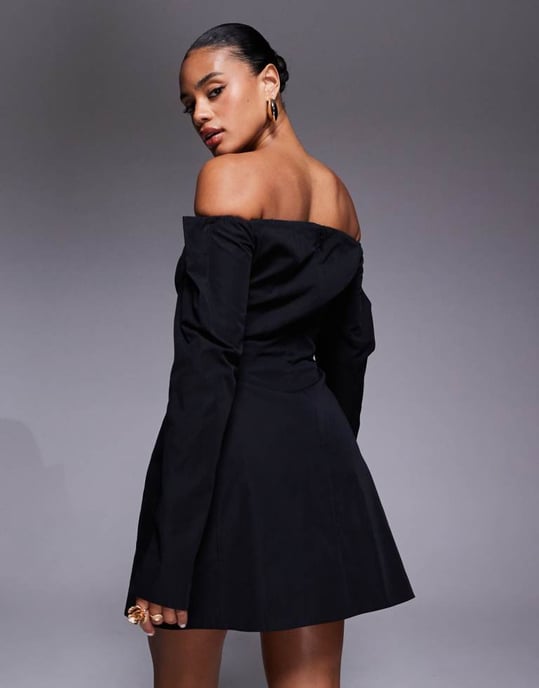 ASOS DESIGN strukturerad långärmad bardot mini-klänning med sömnadsdetaljer i svart - Image 2