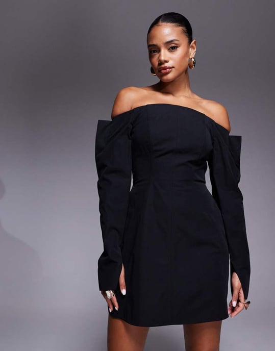 ASOS DESIGN strukturerad långärmad bardot mini-klänning med sömnadsdetaljer i svart - Image 3