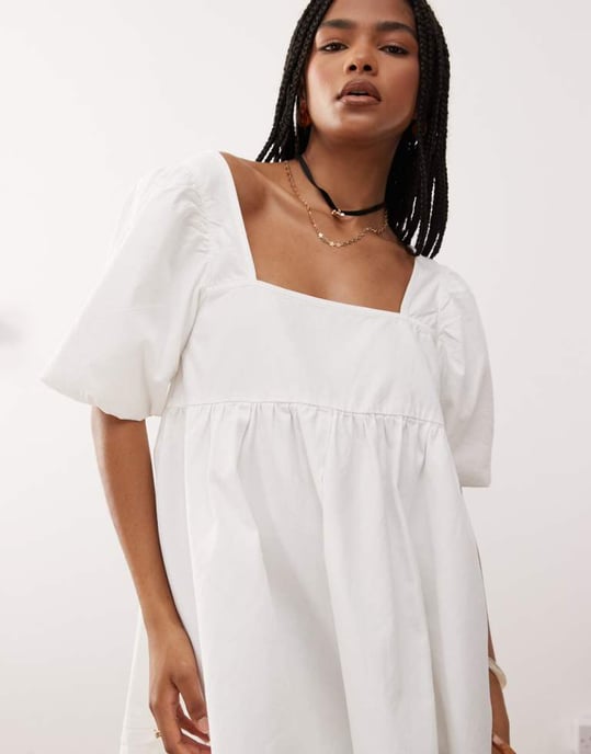 Återvunnen vintage mjuk denim twill smock babydoll miniklänning med fällsömsdetaljer i ecru - Image 3