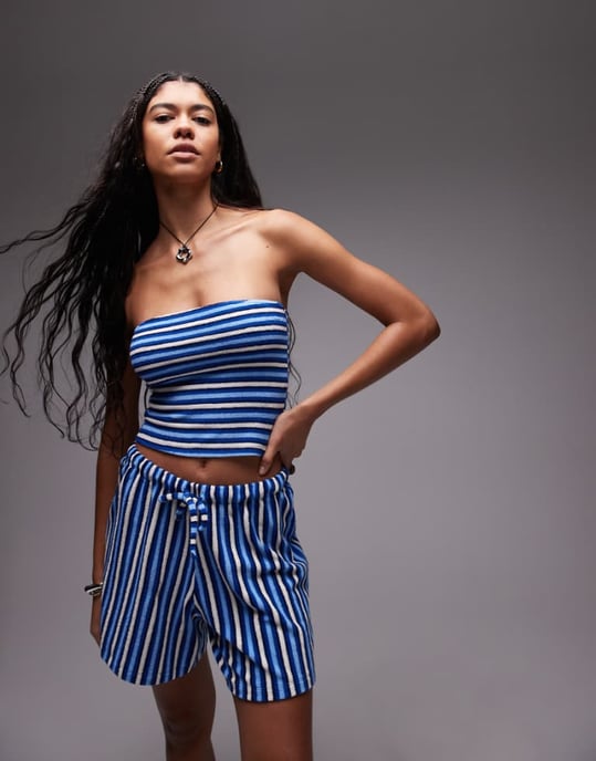 Topshop frotté randig bandeau co-ord i blå - Image 1