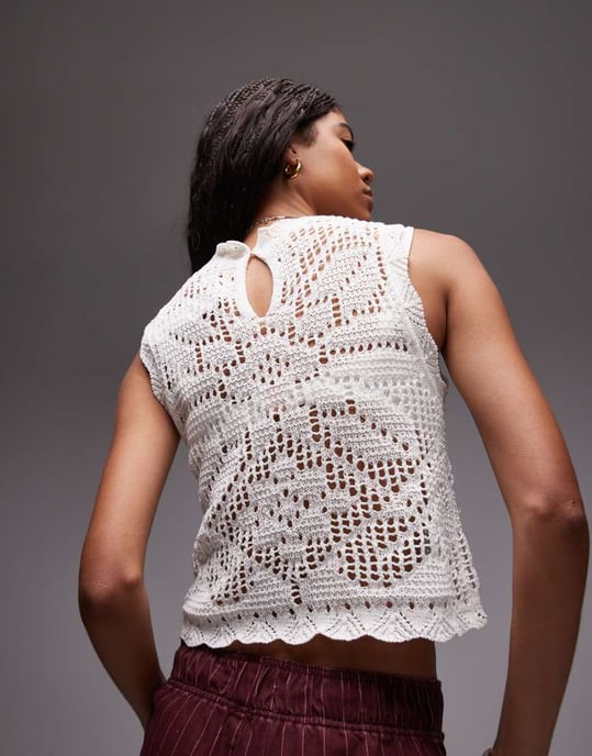 Topshop stickad tanktopp med scallop-kant i elfenben - Image 3