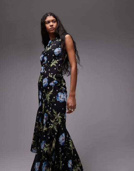 Topshop godet hem boutique tillfälle midiklänning i svart med snurrande blommor - Image 1