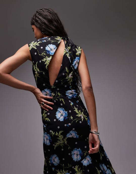 Topshop godet hem boutique tillfälle midiklänning i svart med snurrande blommor - Image 2