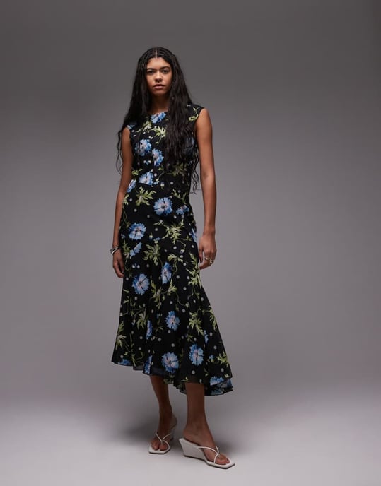 Topshop godet hem boutique tillfälle midiklänning i svart med snurrande blommor - Image 3