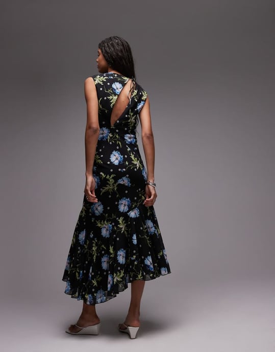 Topshop godet hem boutique tillfälle midiklänning i svart med snurrande blommor - Image 4
