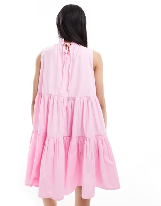 French Connection höghalsskjorta med lager i poplin-miniklänning i rosa - Image 4