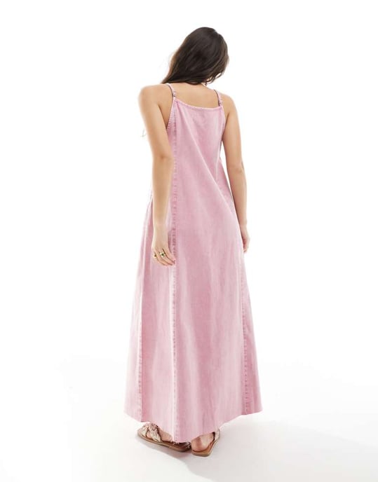 Monki denim cami maxiklänning med fram split i rosa - Image 3