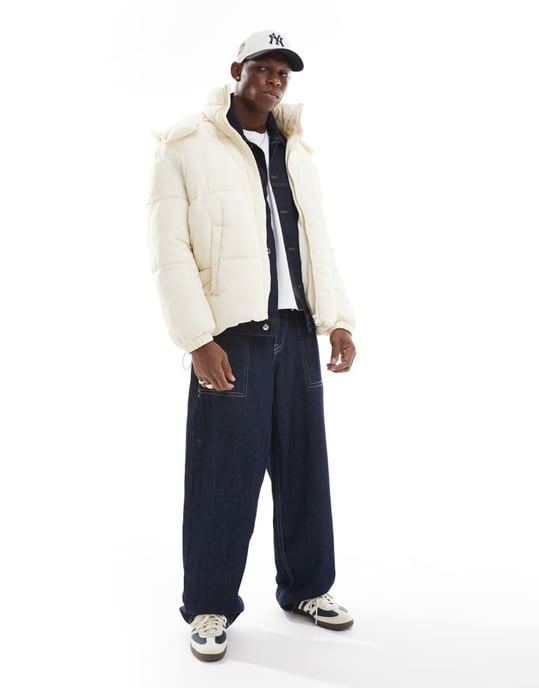 ONLY & SONS vadderad pufferjacka med bred huva i off-white - Image 4