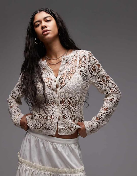 Topshop stickad rundhalsad blommig virkad cardigan i neutral färg - Image 1