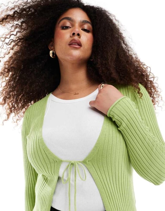 ONLY Curve knyt-fram ribbad cardigan i grön - Image 3