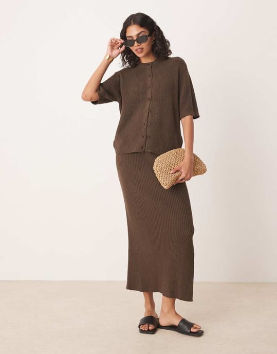 ASOS DESIGN kortärmad bouclé cardigan-set i choklad - Image 3