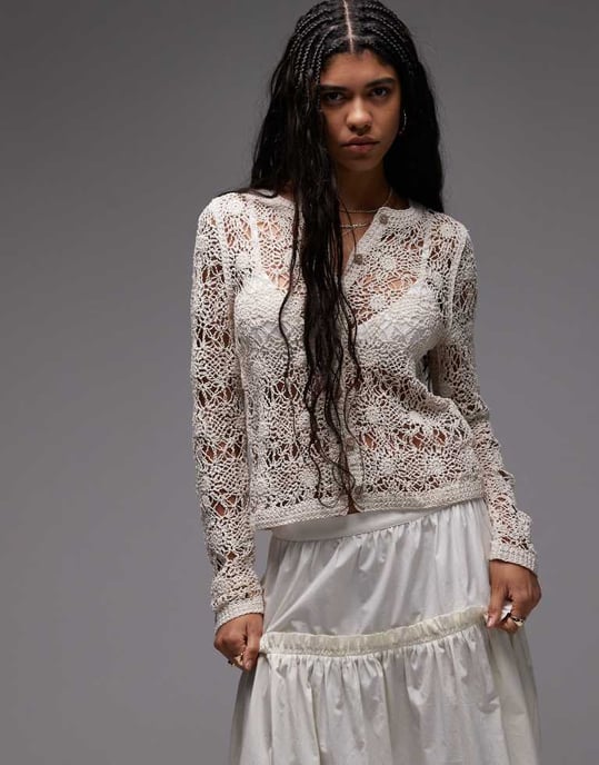 Topshop stickad rundhalsad blommig virkad cardigan i neutral färg - Image 2