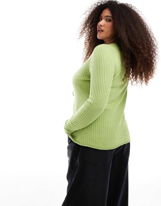 ONLY Curve knyt-fram ribbad cardigan i grön - Image 4