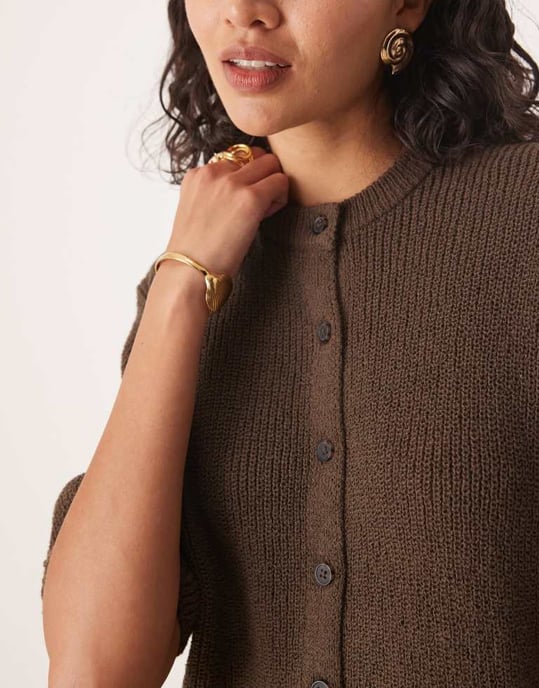 ASOS DESIGN kortärmad bouclé cardigan-set i choklad - Image 4