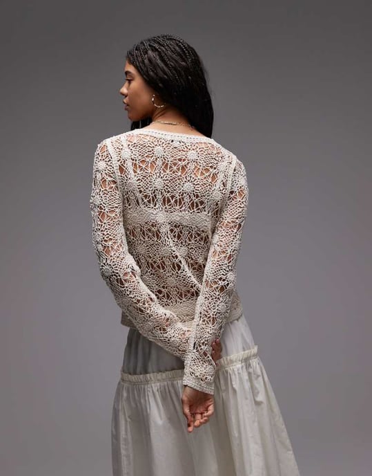 Topshop stickad rundhalsad blommig virkad cardigan i neutral färg - Image 4