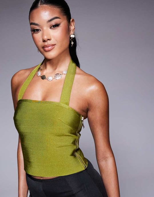 ASOS DESIGN bandage halterneck top i olivgrön - Image 1